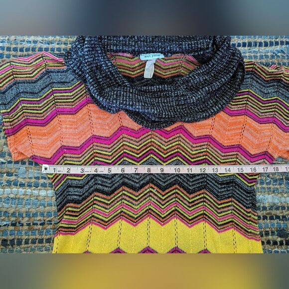 VTG Wet Paint Cowl Neck Sweater L Sleeveless Chevron Grey Orange Cluttercore - Picture 4 of 7